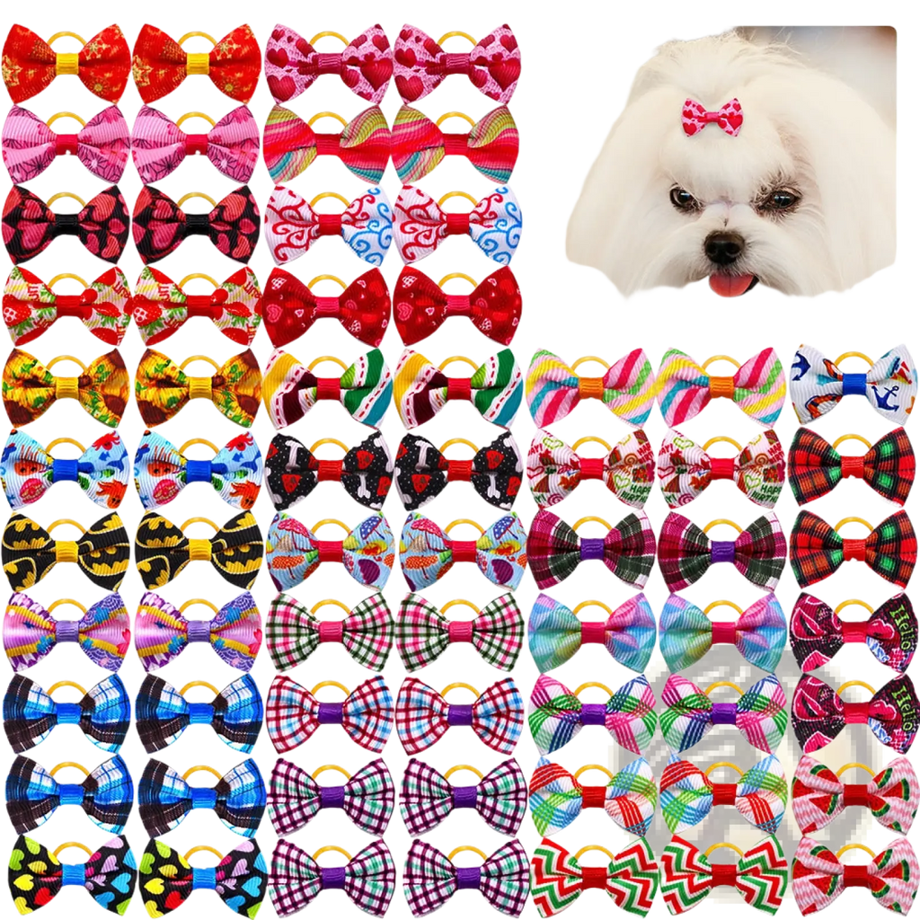 A collection of colorful plaid fabric dog bows with gold-colored metal rings for pet hair accessories