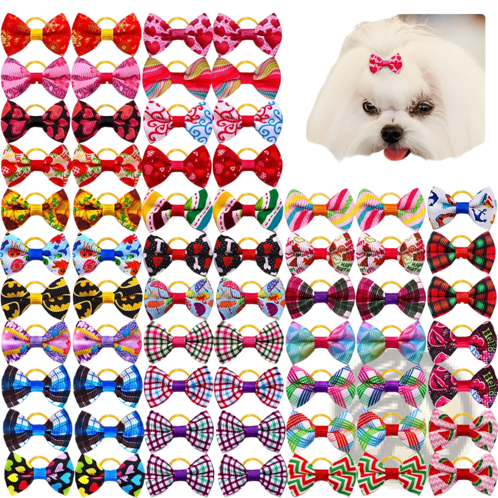 A collection of colorful plaid fabric dog bows with gold-colored metal rings for pet hair accessories