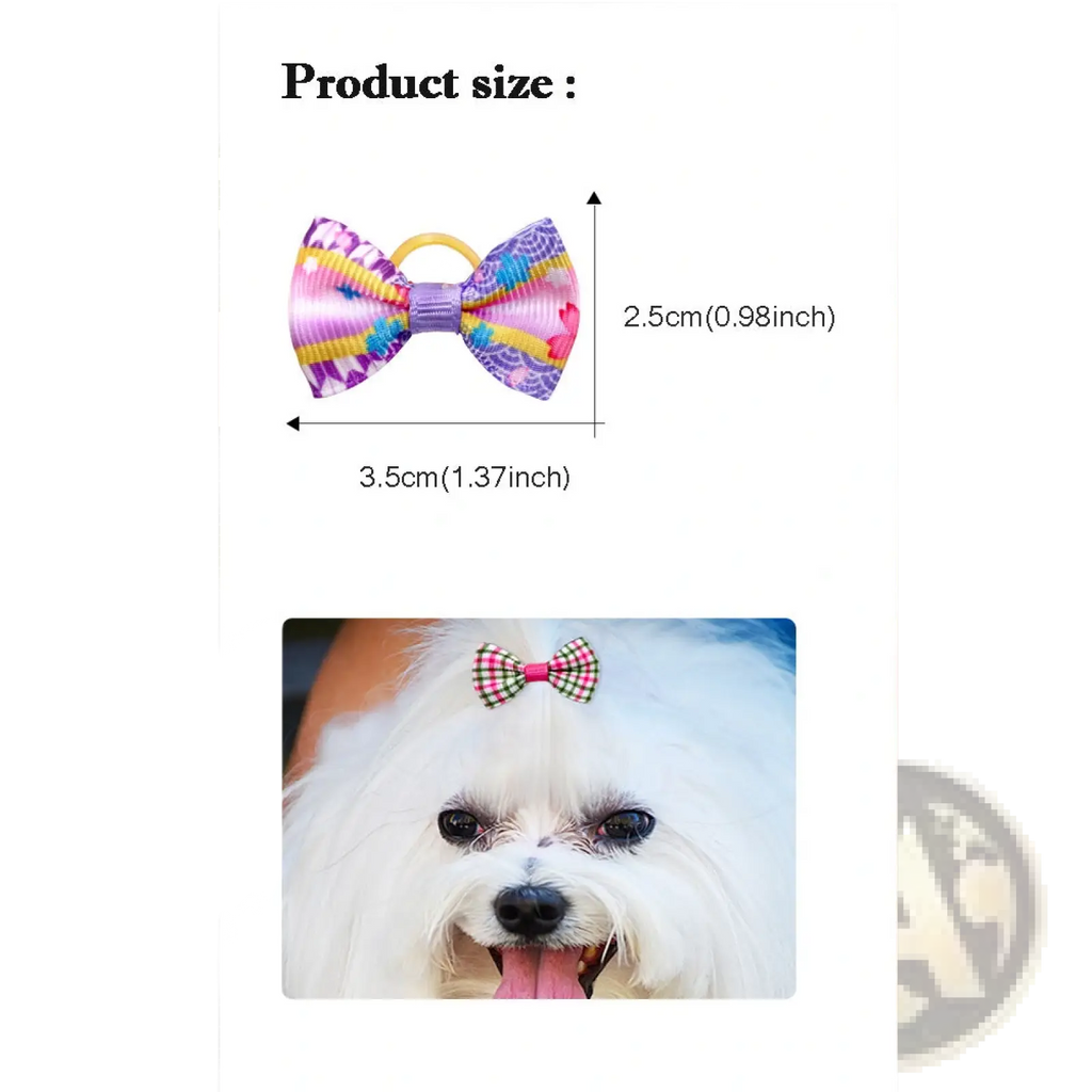 A colorful patterned bow tie pet accessory with a yellow elastic band and purple center for dogs