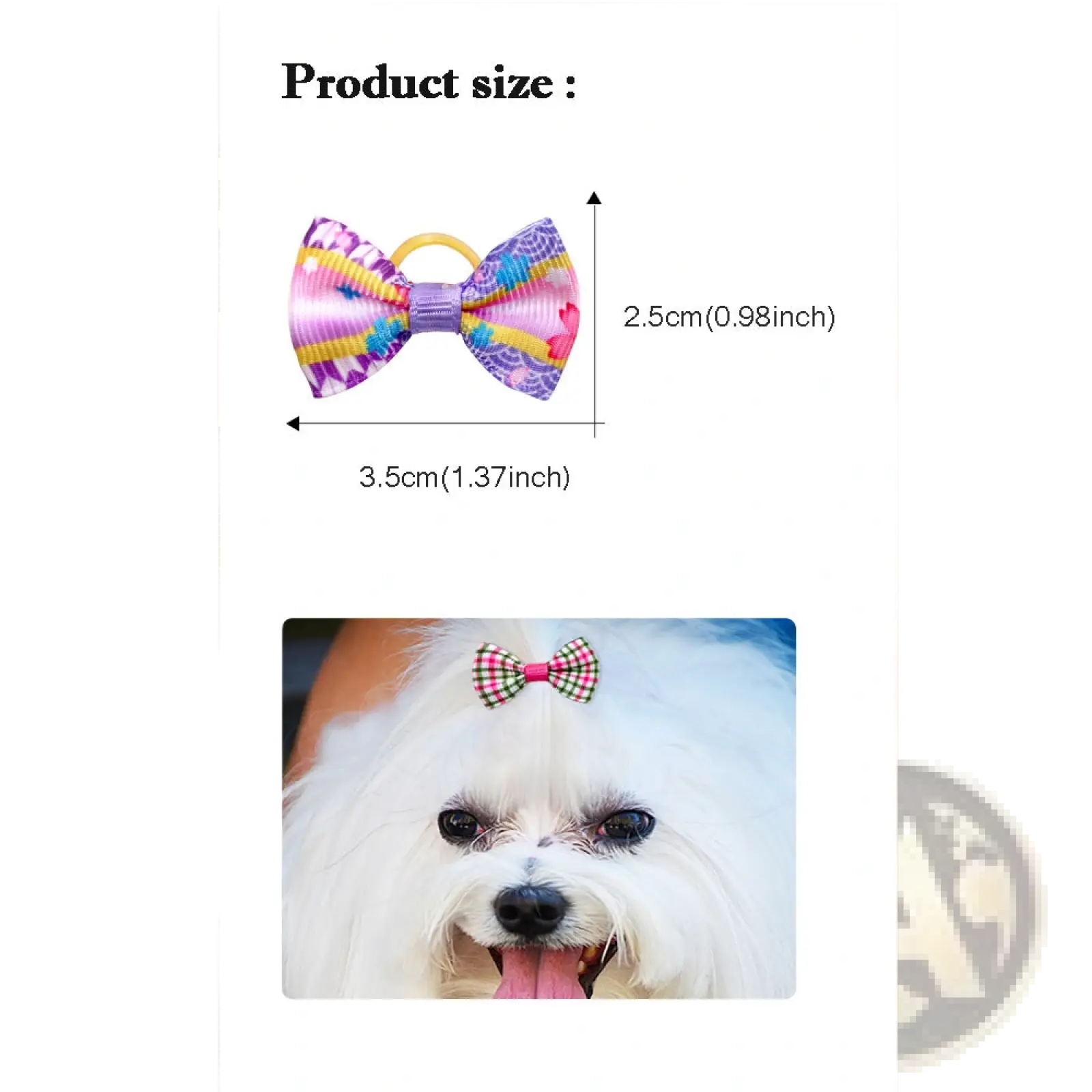 A colorful patterned bow tie pet accessory with a yellow elastic band and purple center for dogs