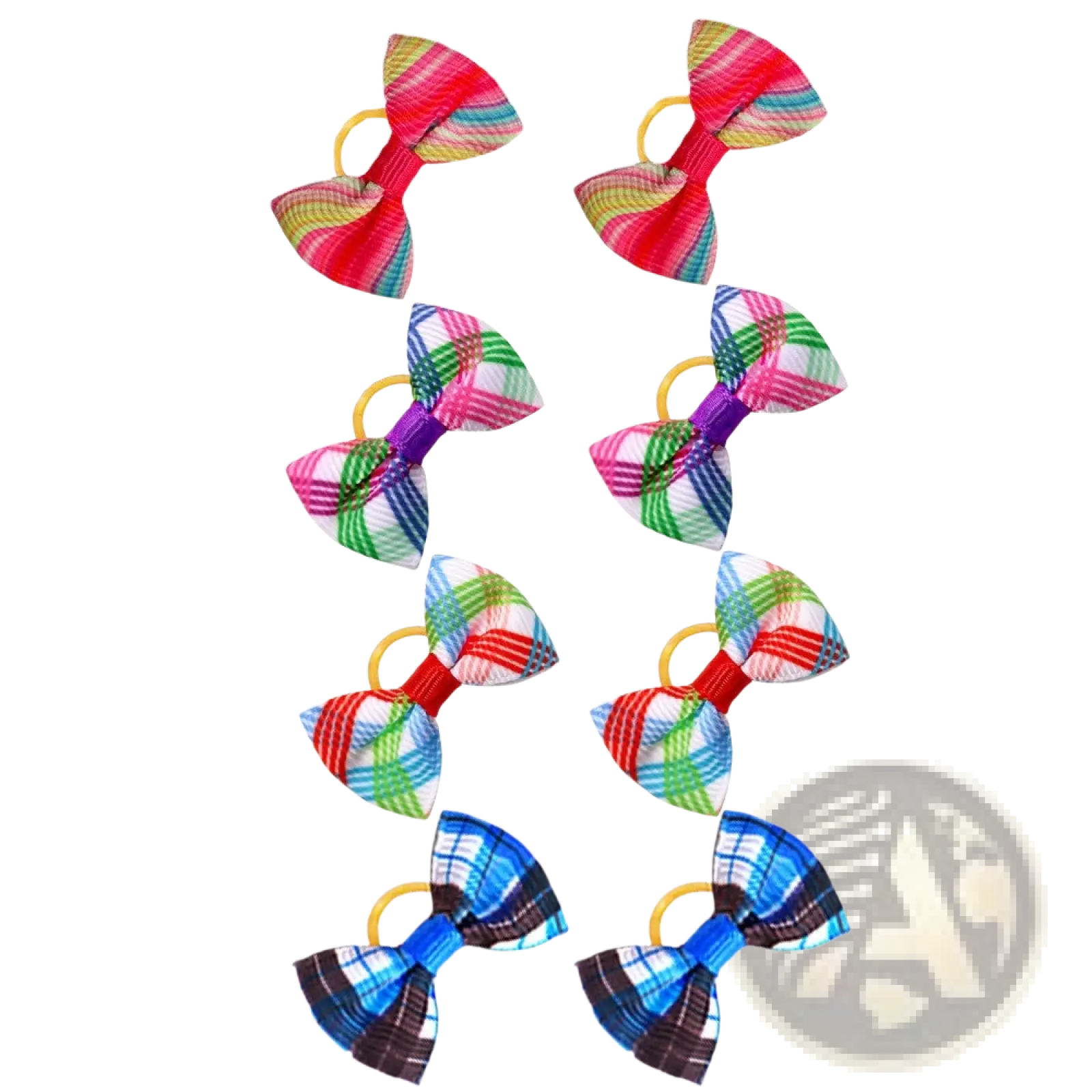 Colorful plaid fabric dog hair bows with yellow plastic loops for stylish pet accessories