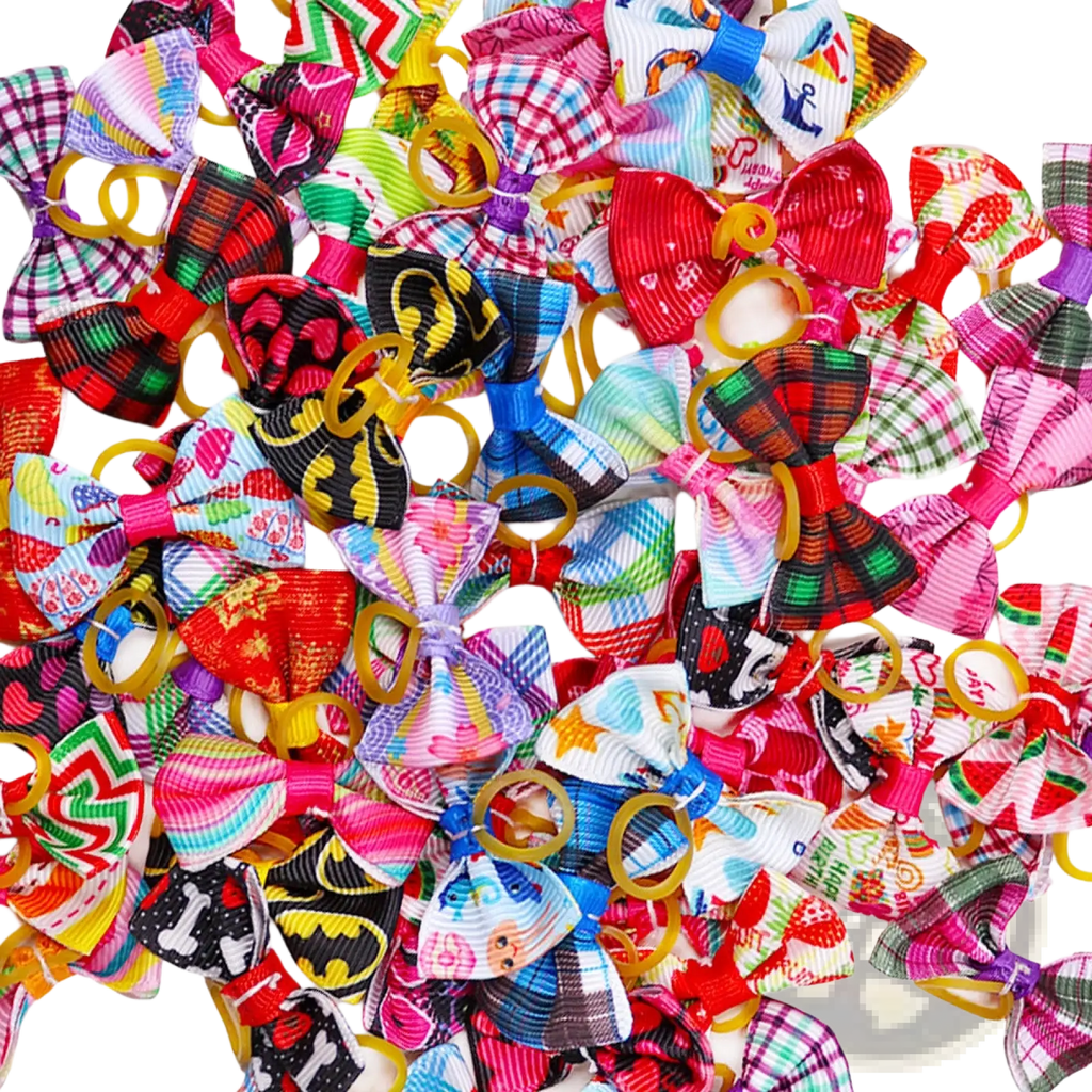 A vibrant assortment of colorful plaid pet bows with yellow rubber bands for dog hair accessories