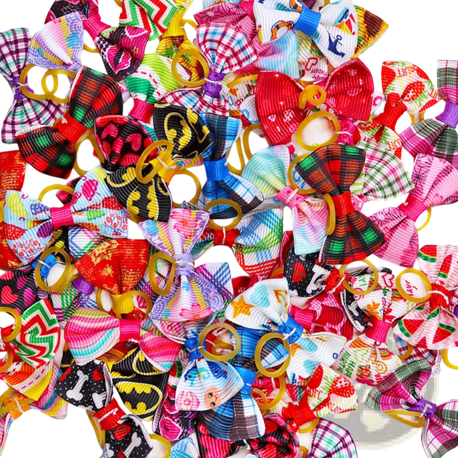 A vibrant assortment of colorful plaid pet bows with yellow rubber bands for dog hair accessories