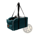 Teal fabric plaid pet carrier bag with breathable design black straps and white trim for travel use