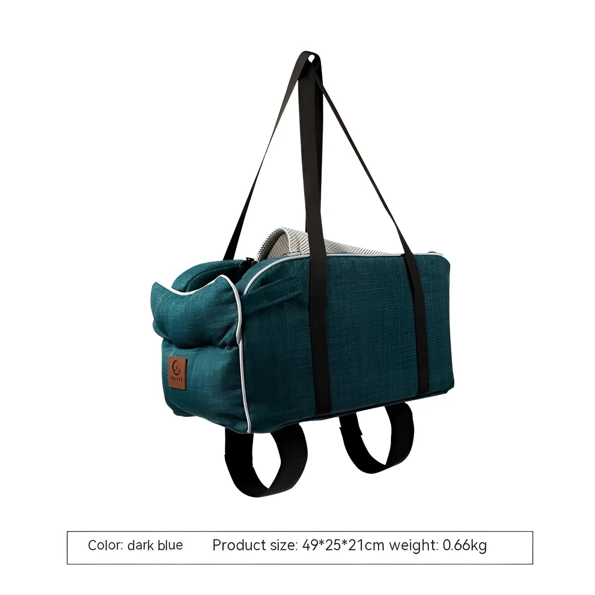 Dark blue breathable plaid pet carrier bag with black straps white stitching for travel and dog purse use