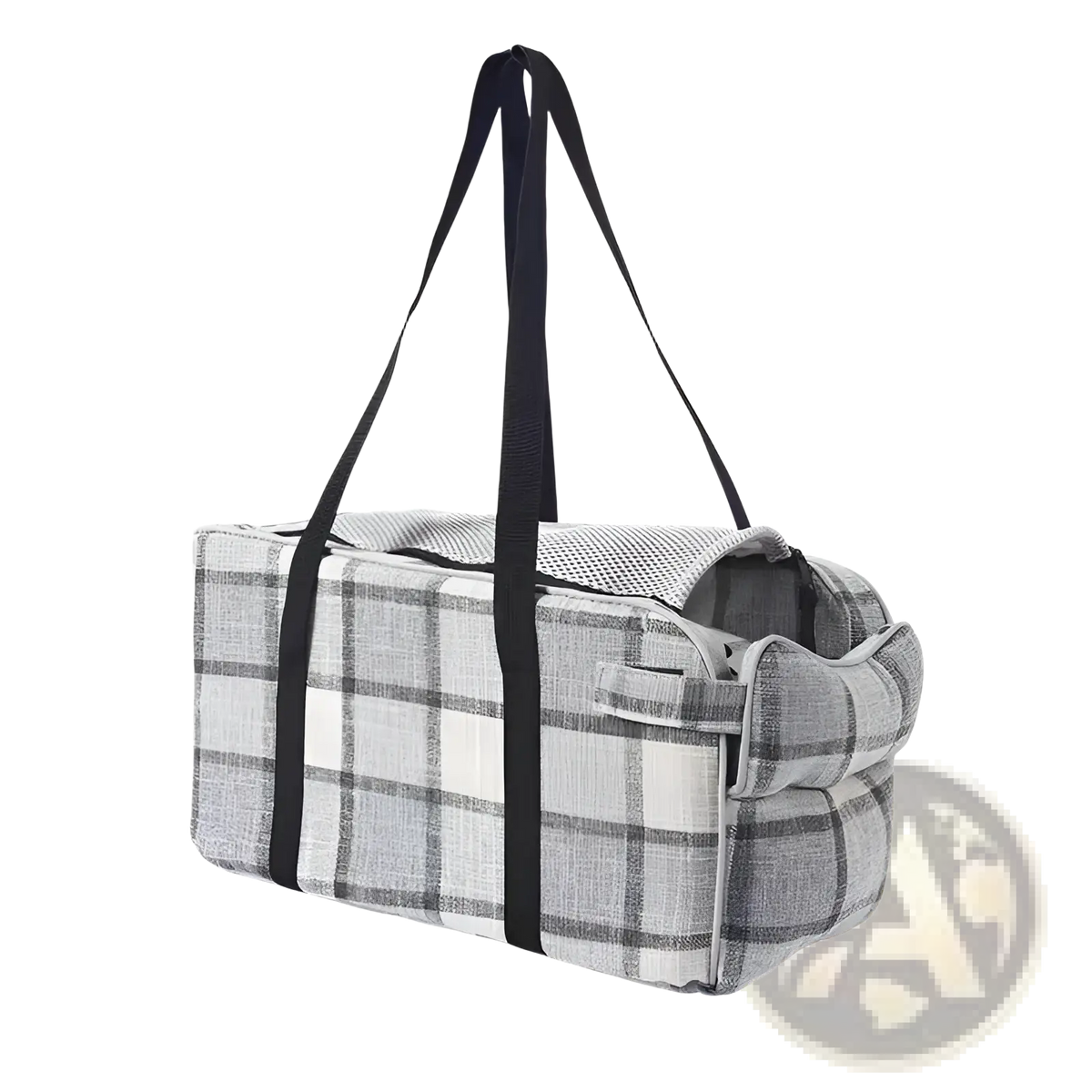 Gray and white plaid breathable pet carrier bag with black fabric handles designed for travel and small dogs