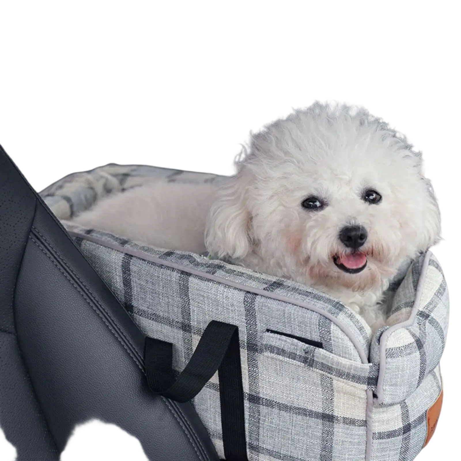 A cozy gray and white plaid fabric breathable pet carrier bag with black straps holding a fluffy white dog