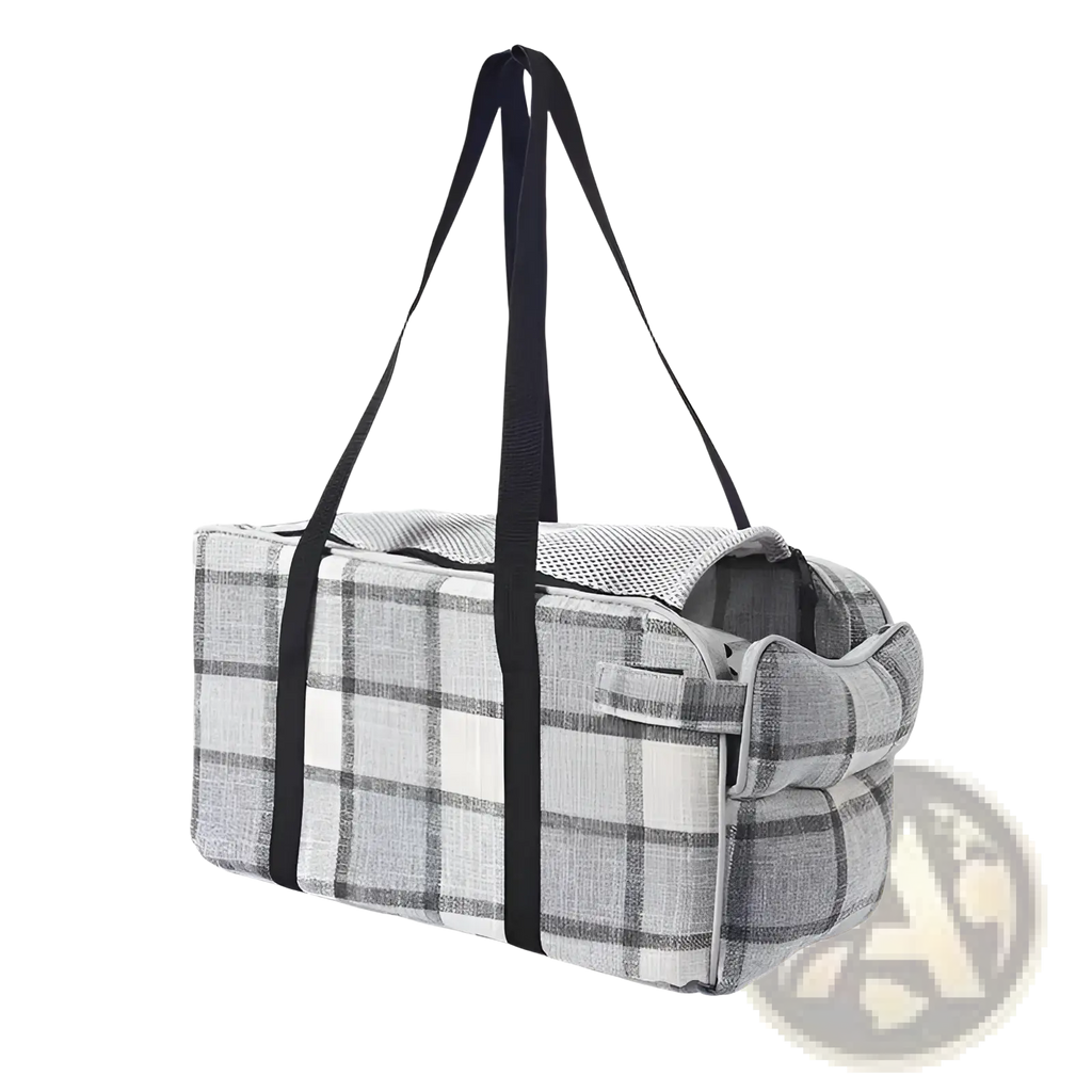 Gray and white plaid breathable pet carrier bag with black fabric handles for travel and dog purse use