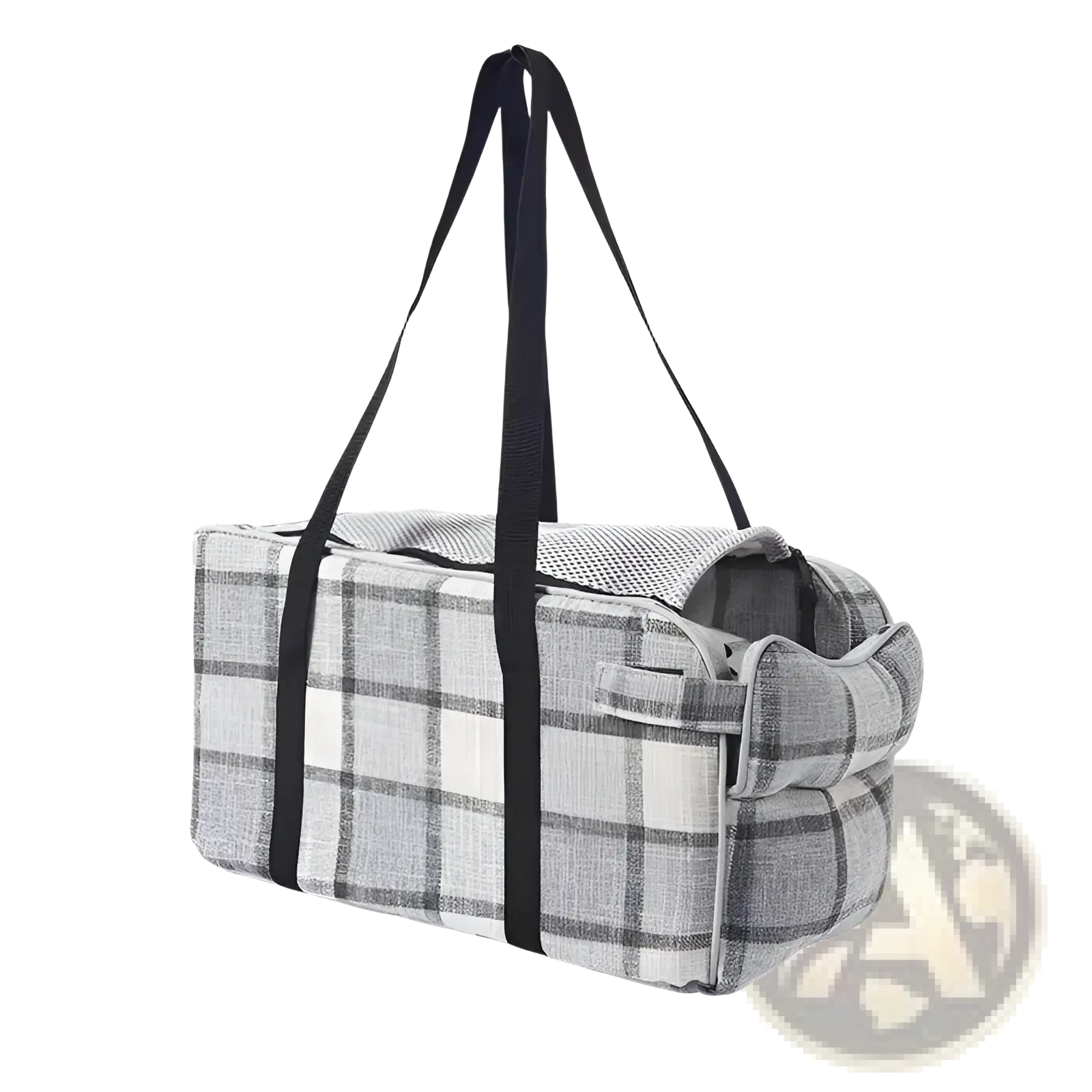 Gray and white plaid breathable pet carrier bag with black fabric handles for travel and dog purse use