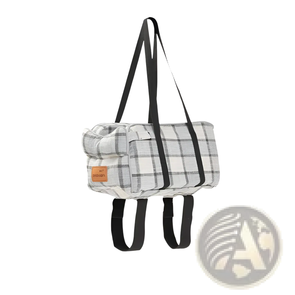 Gray and white plaid breathable fabric pet carrier bag with black adjustable straps for travel use