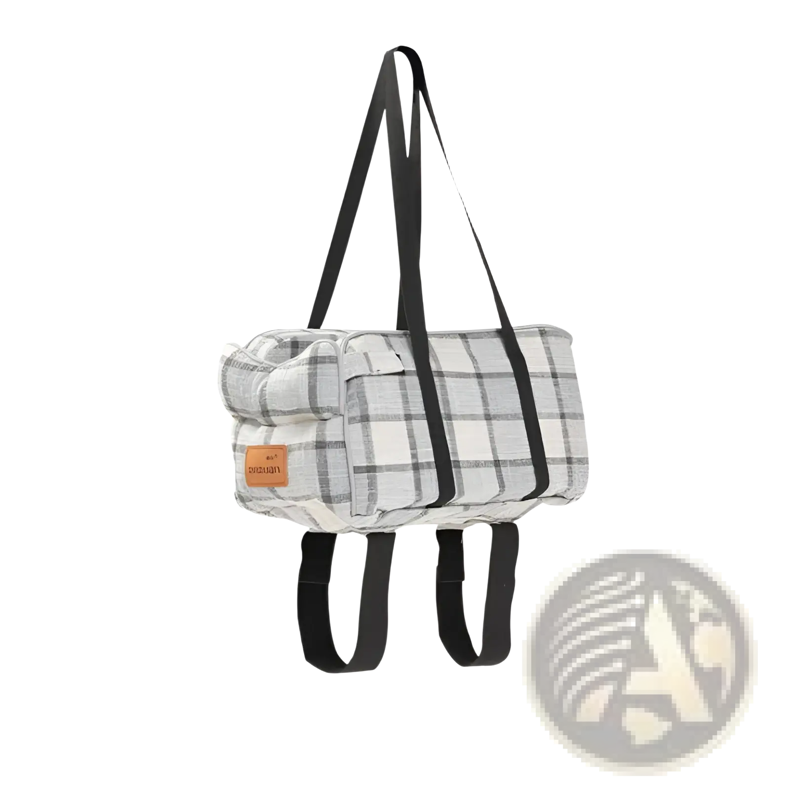 Gray and white plaid breathable fabric pet carrier bag with black adjustable straps for travel use
