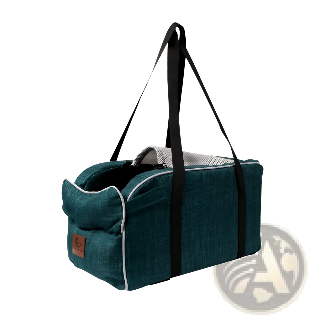 Teal breathable fabric pet carrier bag with black straps and white trim designed for travel and dogs