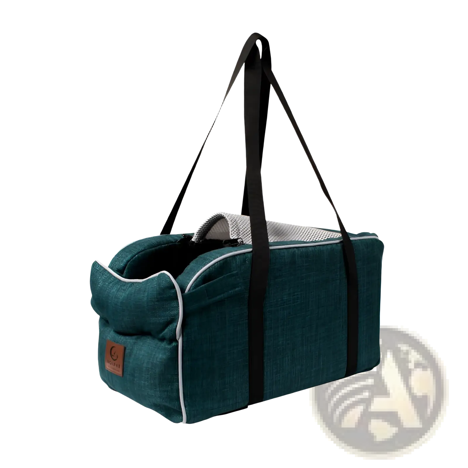 Teal breathable fabric pet carrier bag with black straps and white trim designed for travel and dogs