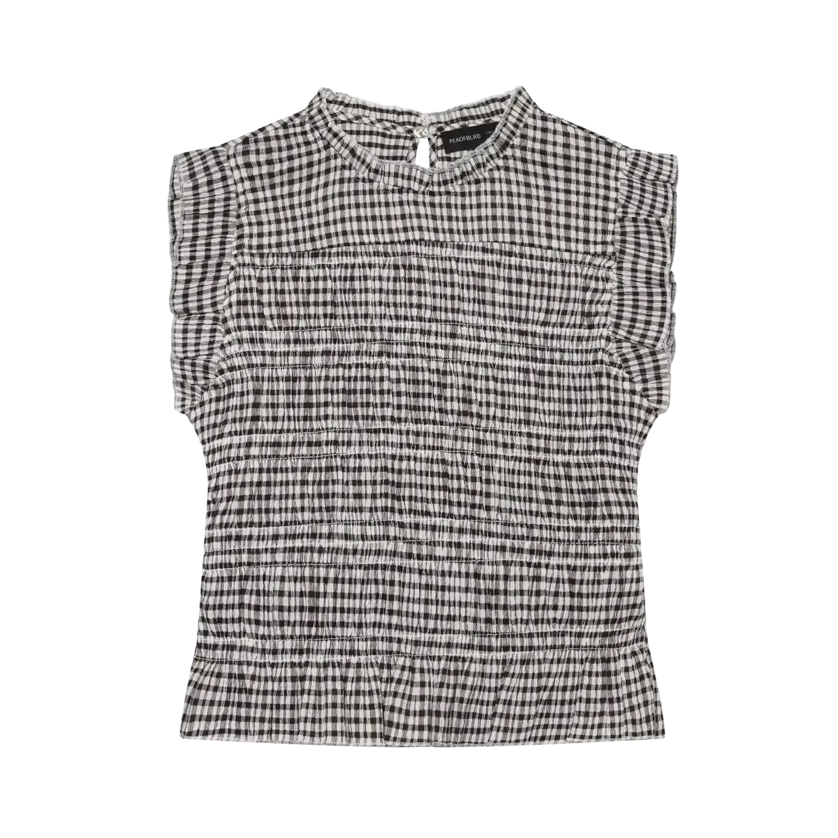 Black and white checkered blouse with ruffled sleeves and high neckline in lightweight summer fabric