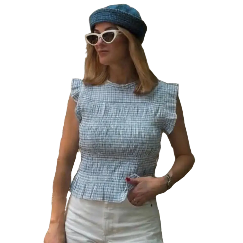 Blue and white gingham plaid ruffled sleeveless summer tank top with smocked detailing and lightweight fabric