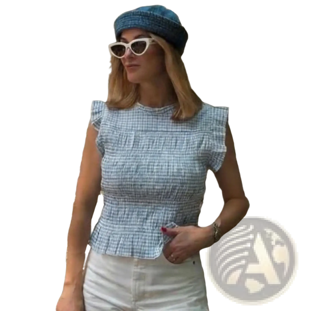 Blue and white gingham plaid ruffled sleeveless summer tank top with smocked detailing and lightweight fabric
