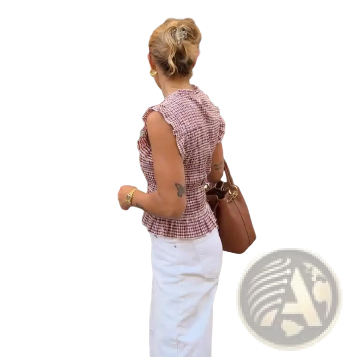 Brown leather shoulder bag with gold-tone hardware paired with a plaid ruffled sleeveless summer tank top