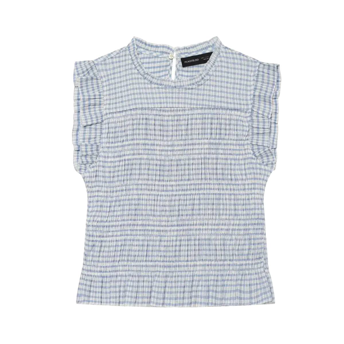 A light blue and white checkered plaid ruffled sleeveless summer tank top with gathered pleated body