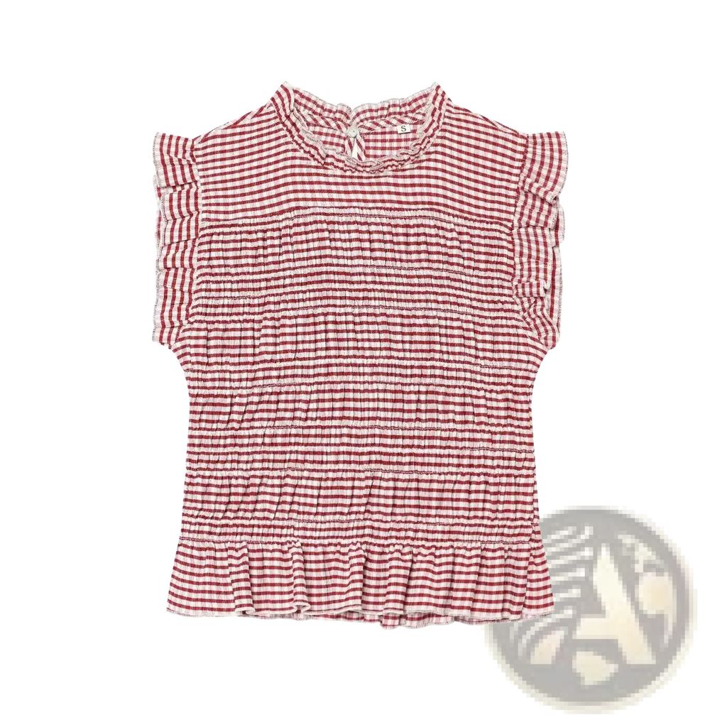 A red and white gingham plaid sleeveless summer tank top with ruffled sleeves high neckline and smocked detailing