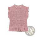 A red and white gingham plaid sleeveless summer tank top with ruffled sleeves high neckline and smocked detailing
