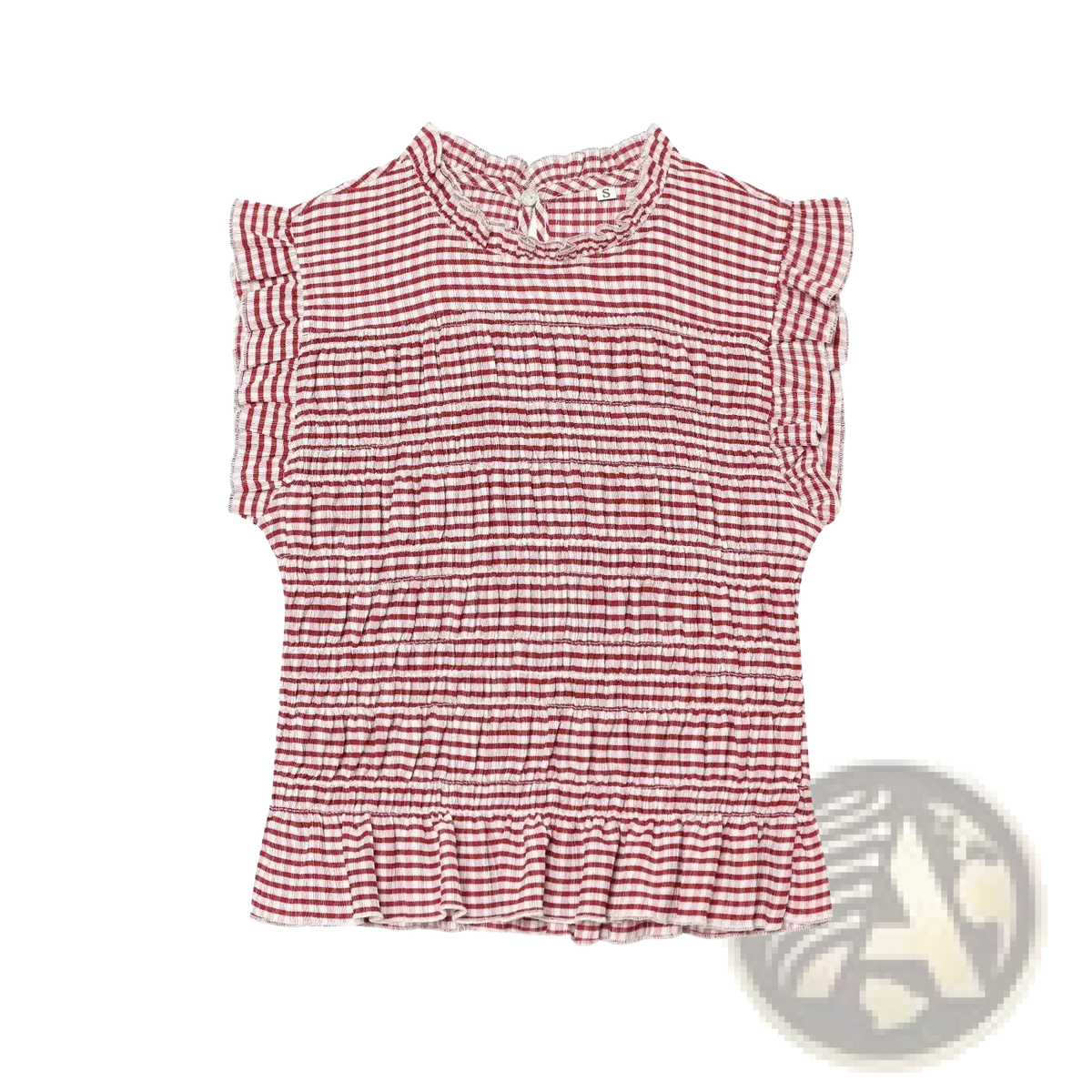 A red and white gingham plaid sleeveless summer tank top with ruffled sleeves high neckline and smocked detailing