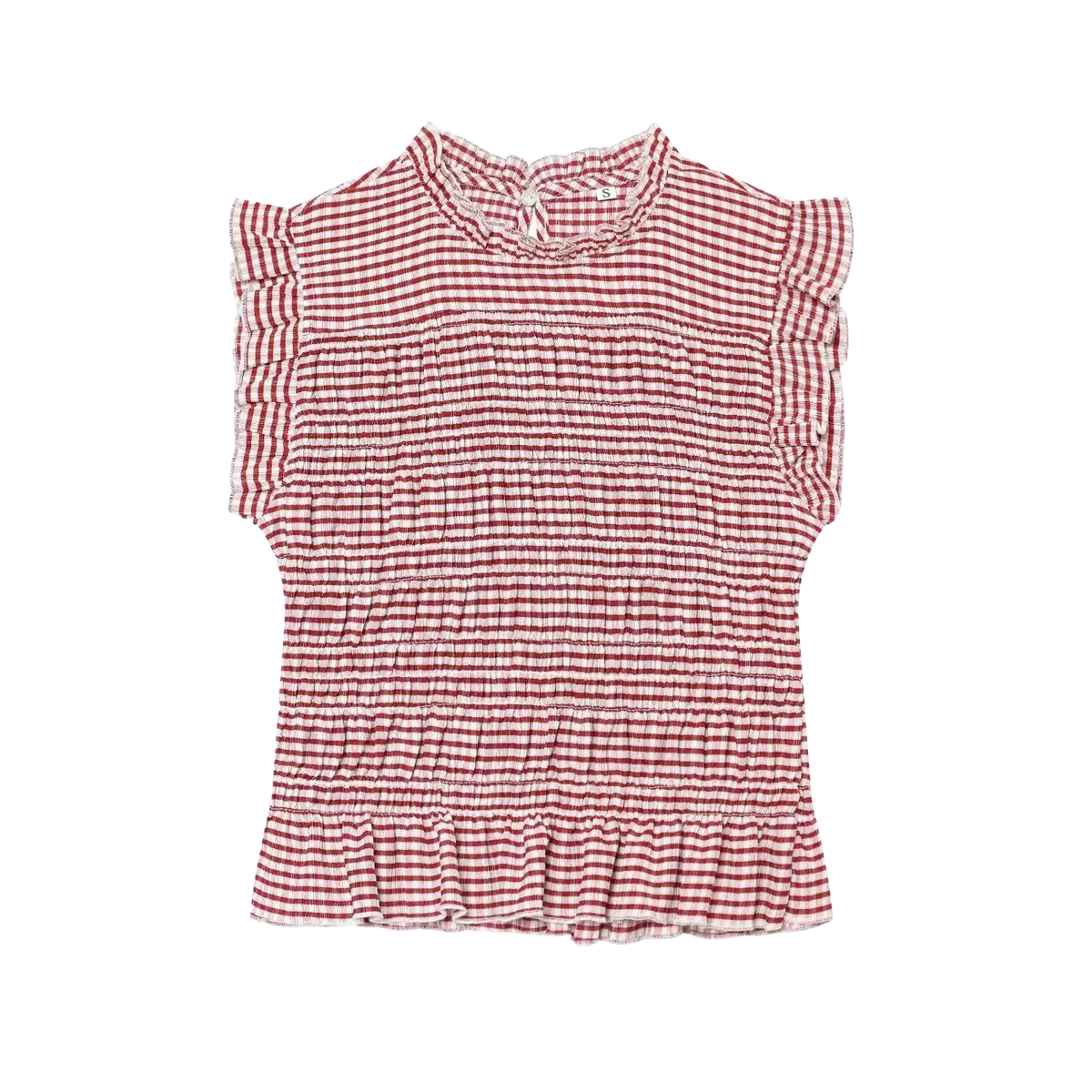 A red and white gingham plaid sleeveless summer tank top with ruffled sleeves high neckline and smocked detailing