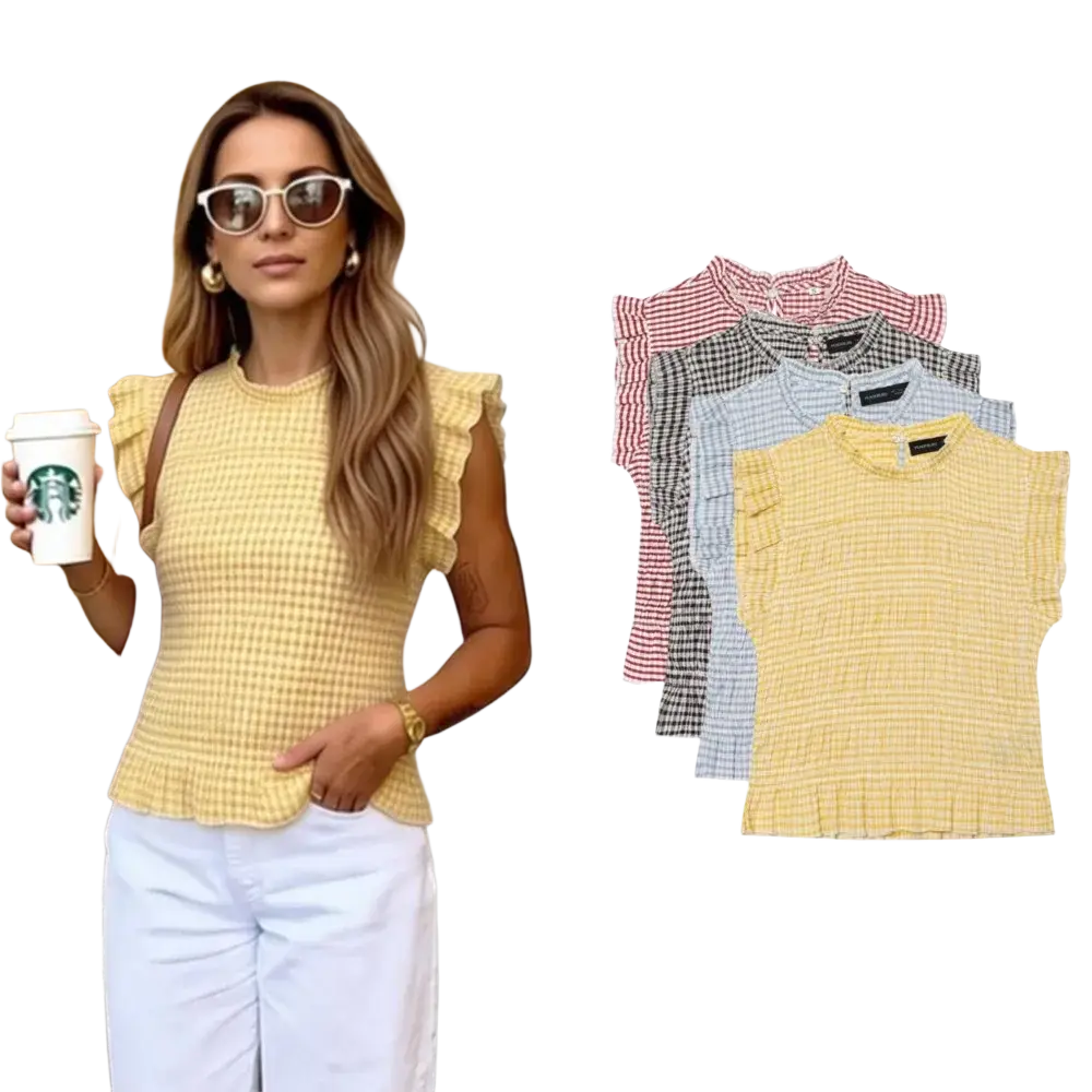 Yellow gingham plaid ruffled sleeveless summer tank top with peplum hem and short flutter sleeves