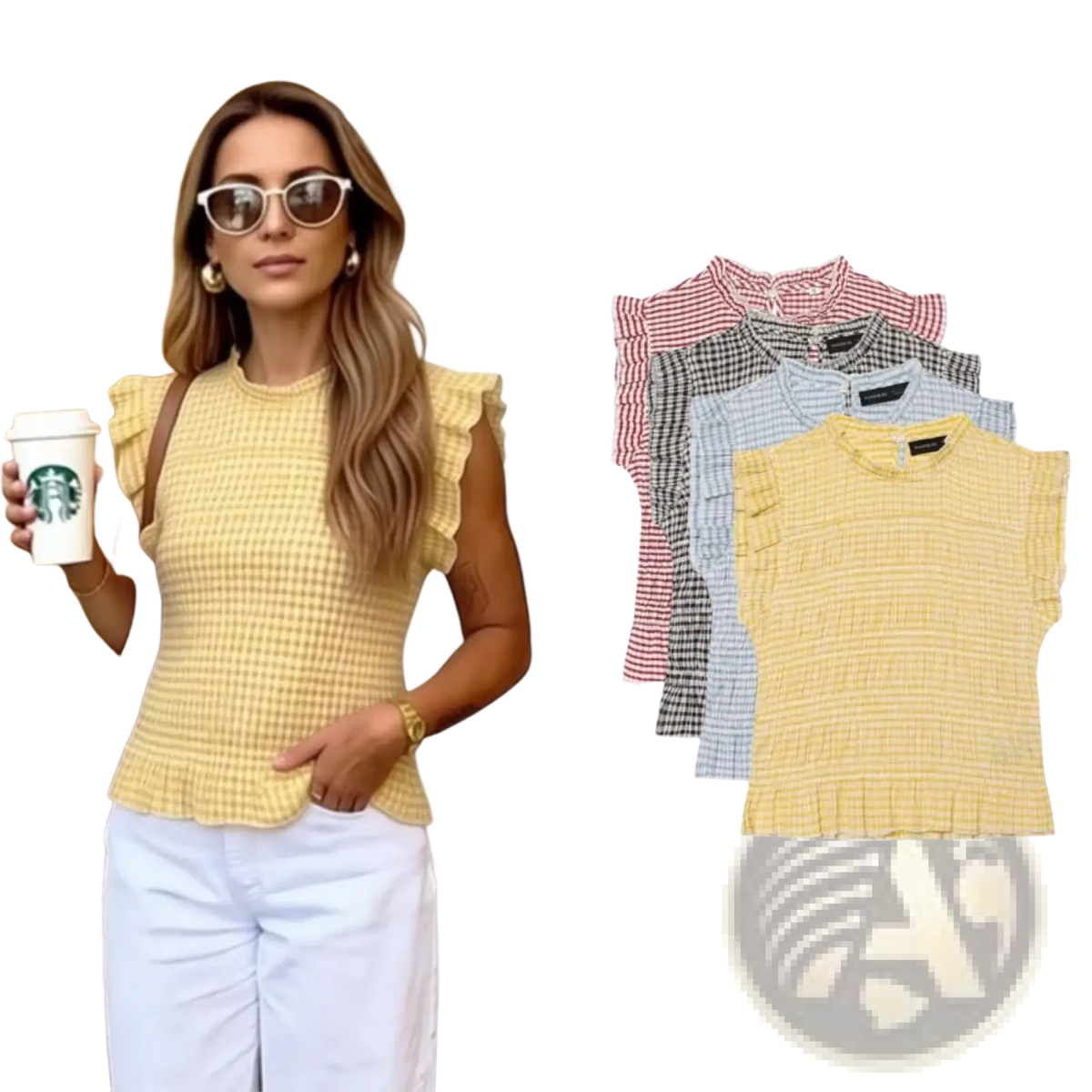 Yellow gingham plaid ruffled sleeveless summer tank top with peplum hem and short flutter sleeves