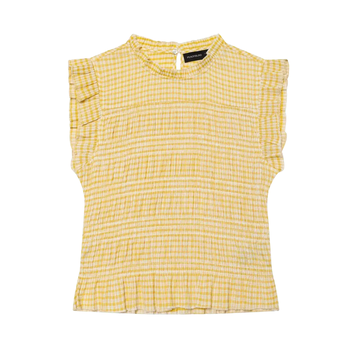 Yellow and white gingham check sleeveless summer tank top with ruffled shoulders and hem for casual wear