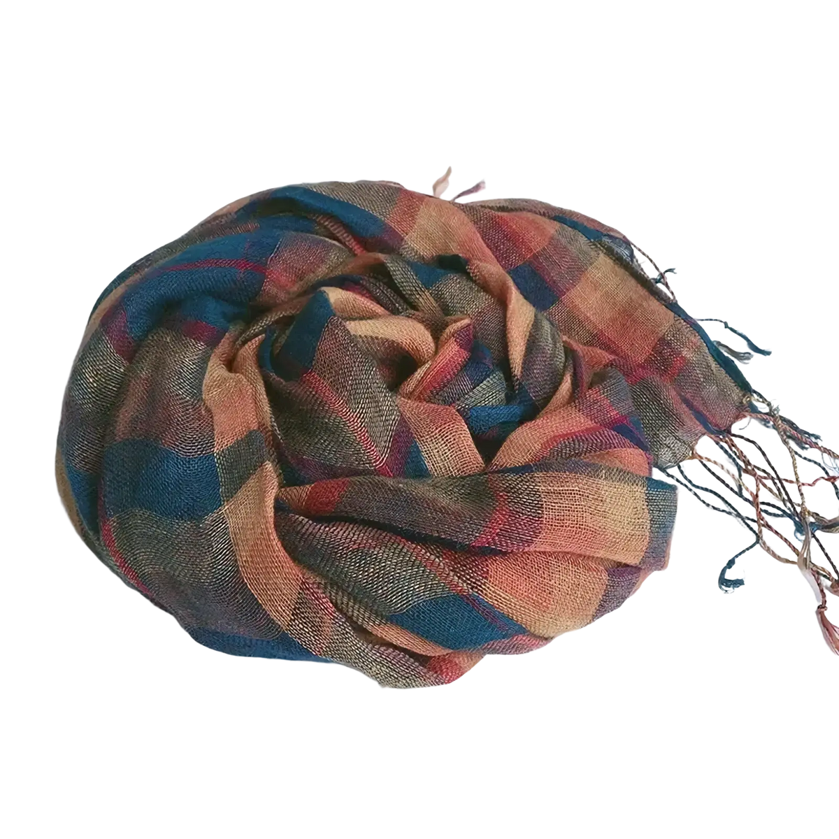 A cozy oversized linen plaid scarf set for women in earthy rust teal and beige tones with fringed edges