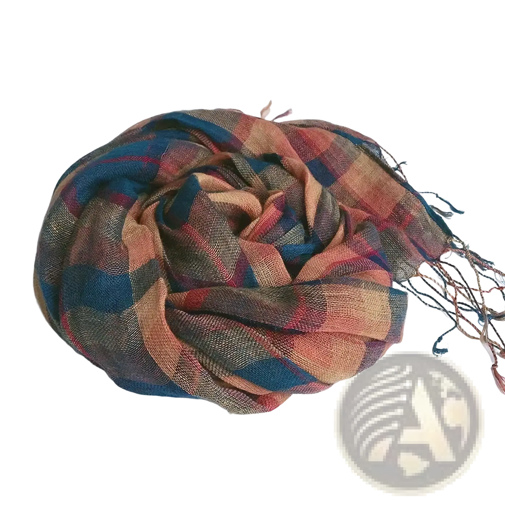 A cozy oversized linen plaid scarf set for women in earthy rust teal and beige tones with fringed edges