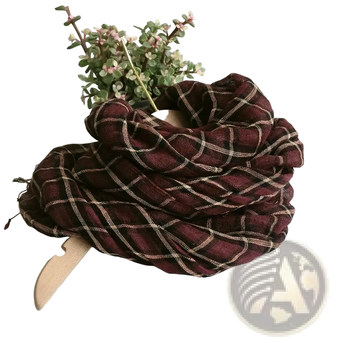 A cozy maroon and cream plaid scarf with soft woven texture in an oversized linen shawl set for women