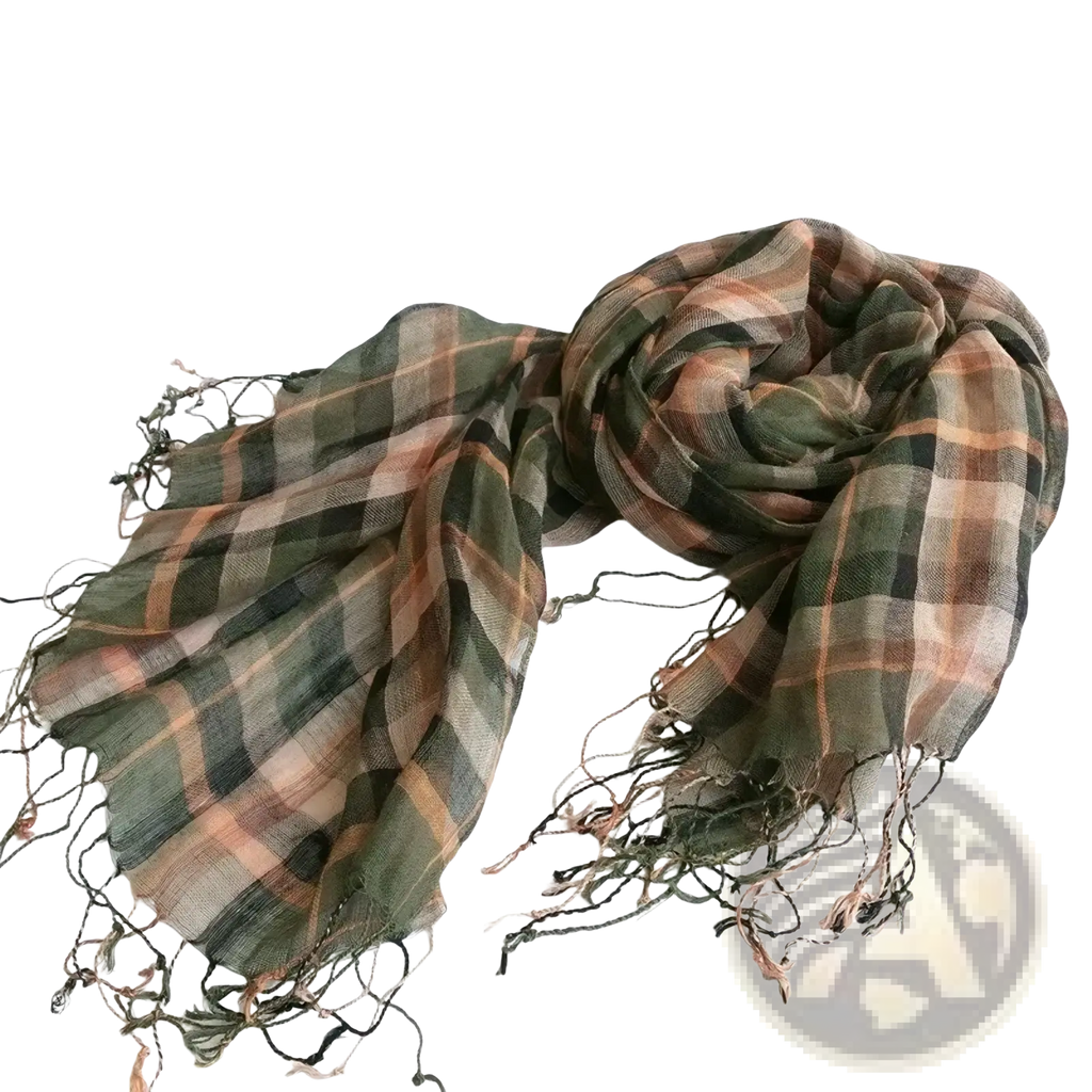 A soft oversized plaid scarf set for women in muted olive green and dusty rose linen with frayed edges