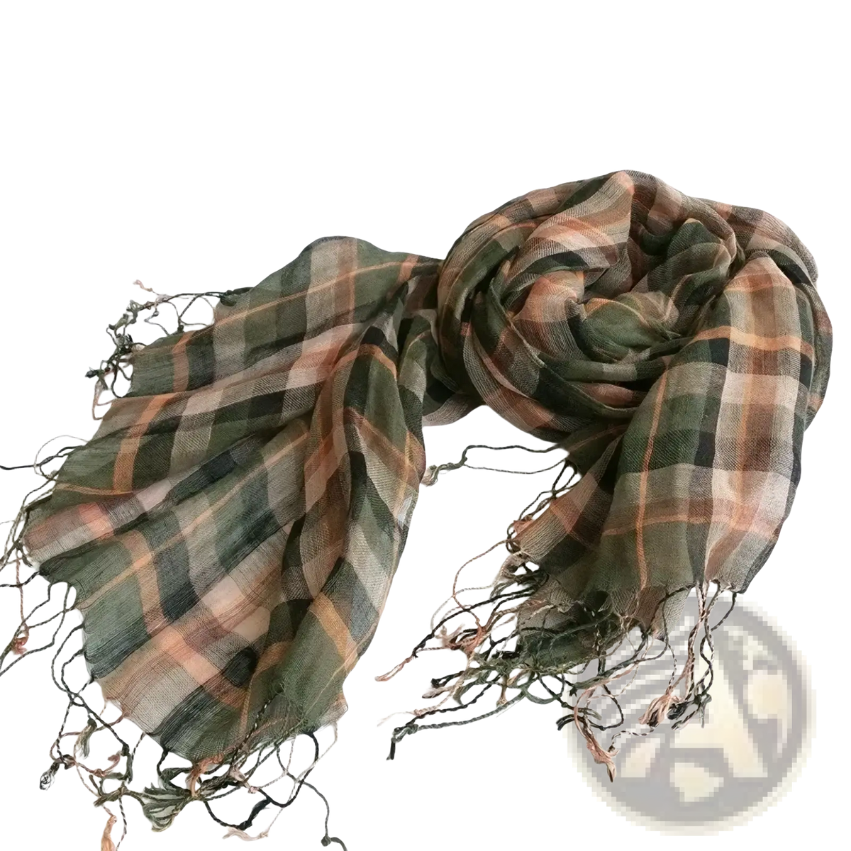 A soft oversized plaid scarf set for women in muted olive green and dusty rose linen with frayed edges