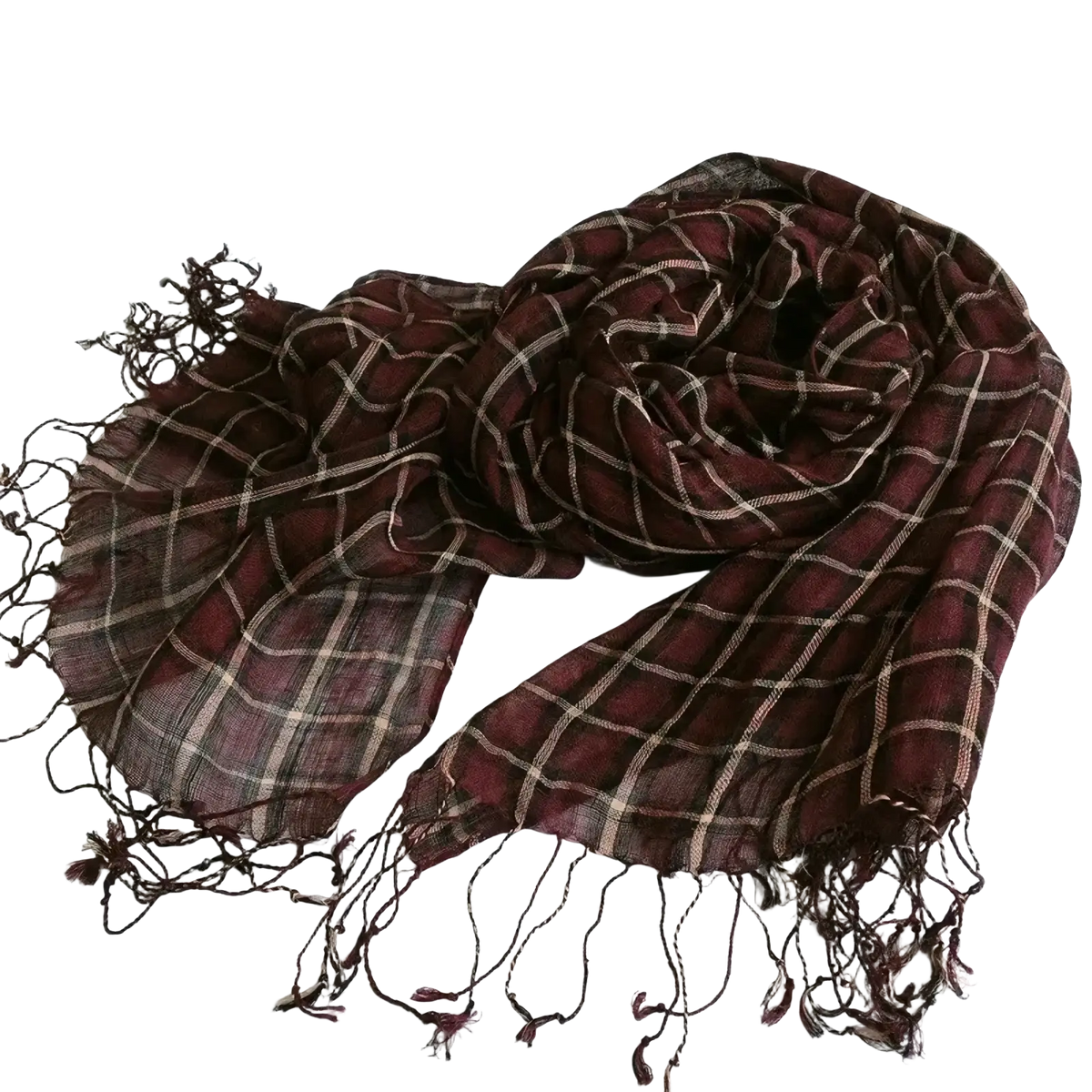 Maroon and beige plaid oversized linen shawl with fringed edges made of lightweight woven fabric for women
