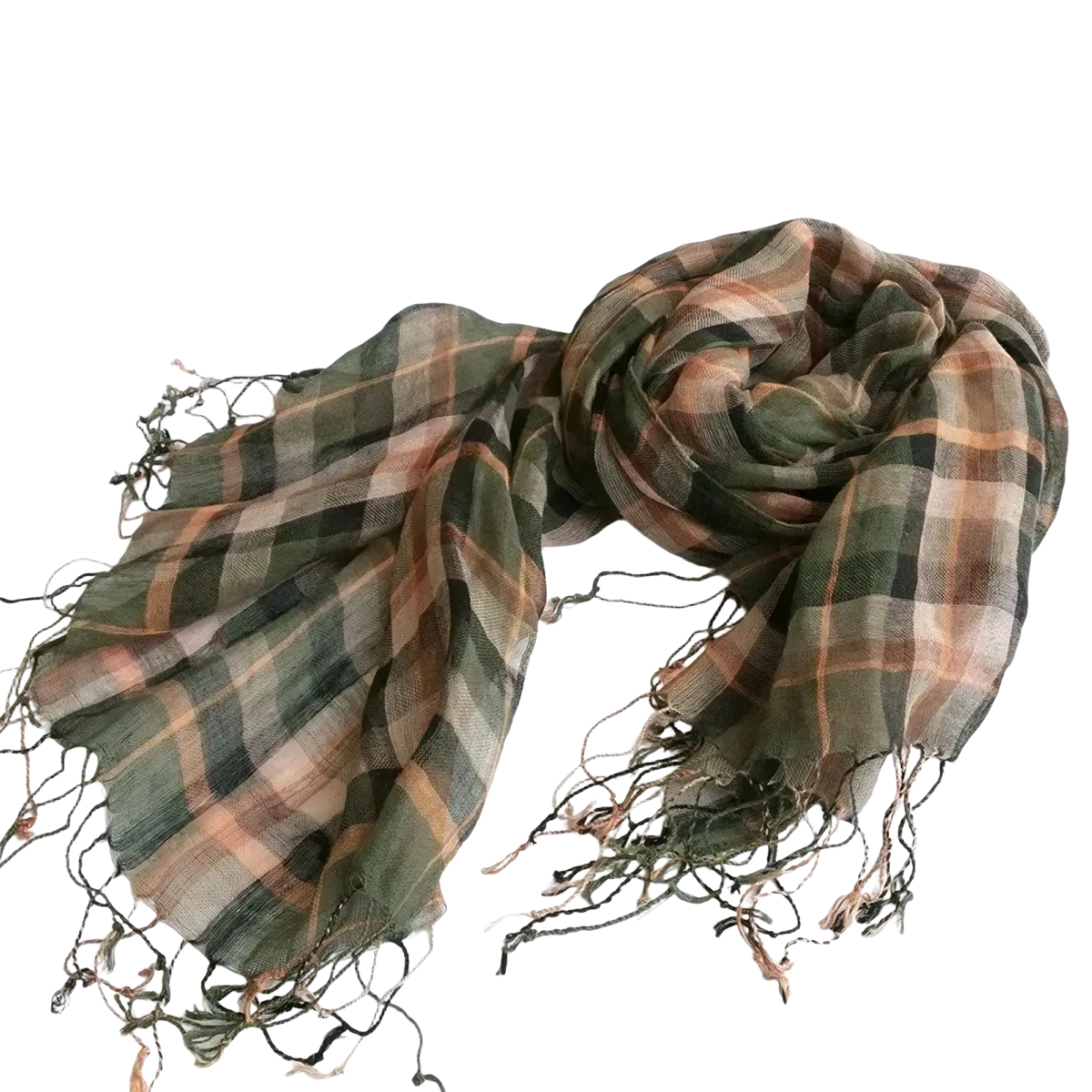 A soft oversized plaid scarf set for women in muted olive green and dusty rose linen with frayed edges