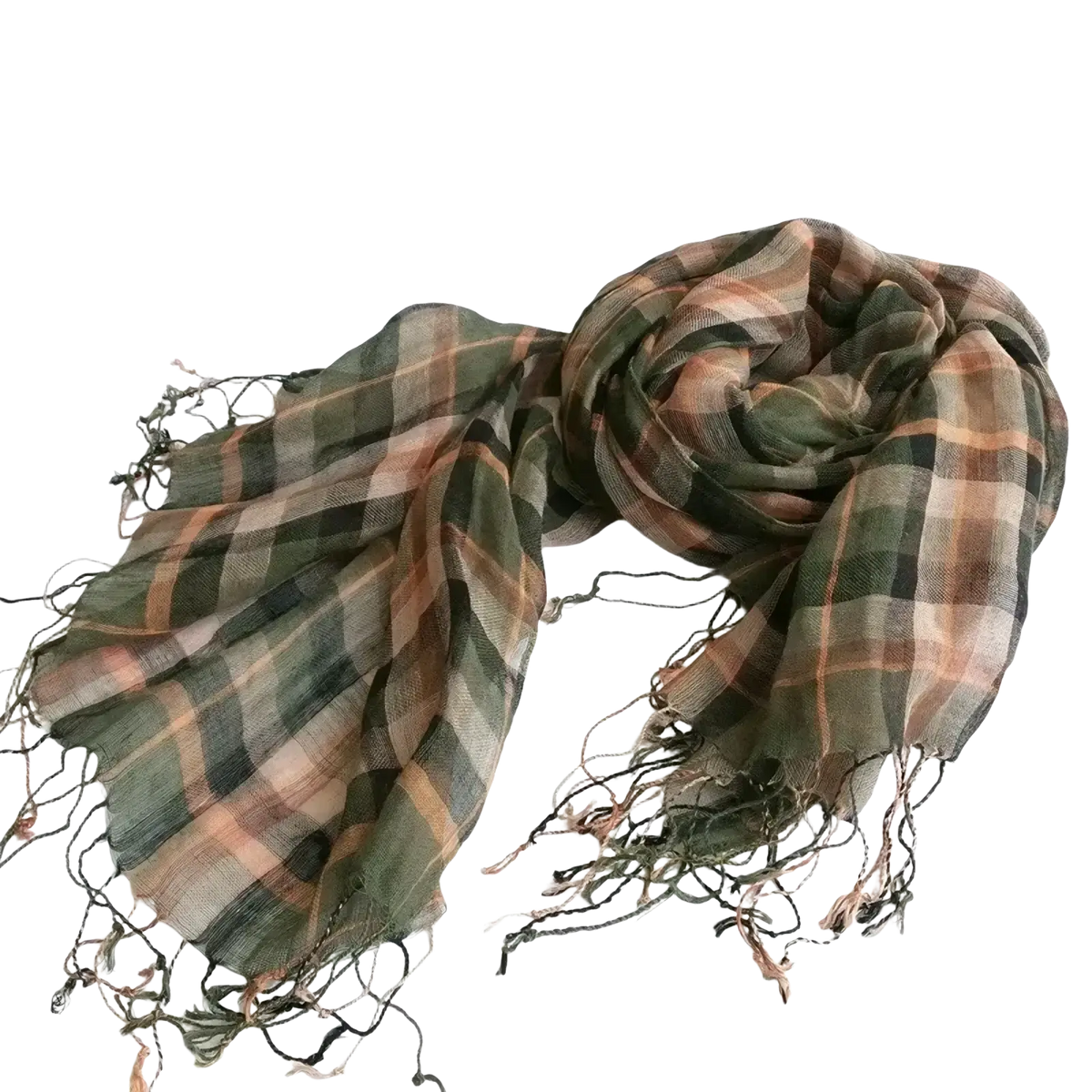 A soft oversized linen shawl in muted plaid of olive green beige and dusty rose with frayed edges for women