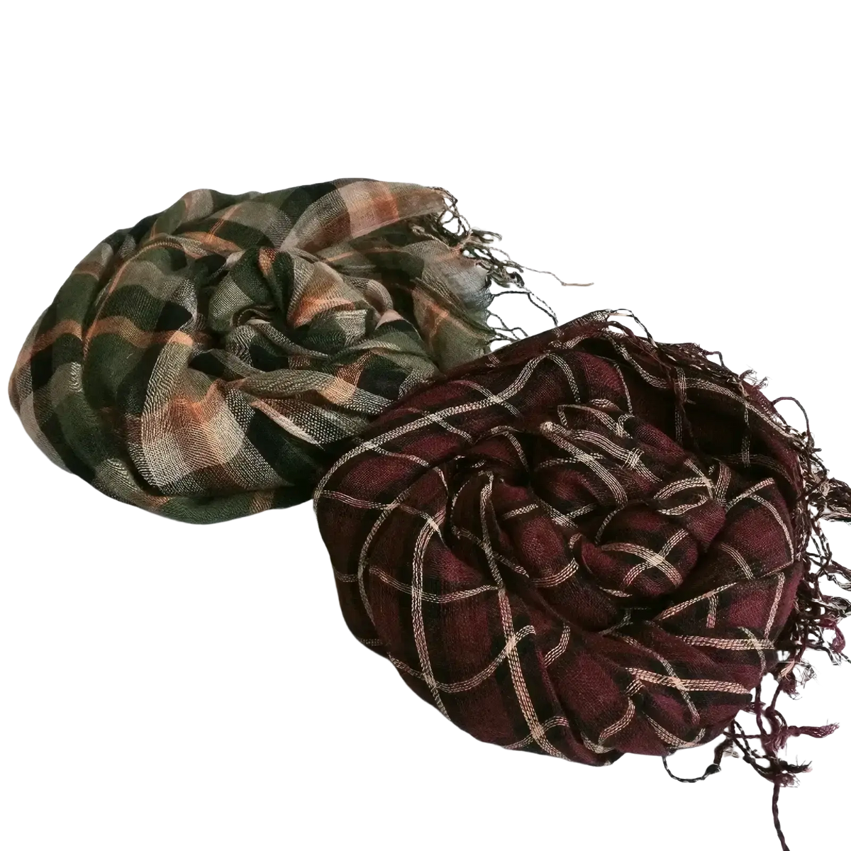Two plaid scarves in olive rust and deep burgundy with cream stripes featuring fringed edges oversized linen shawl set