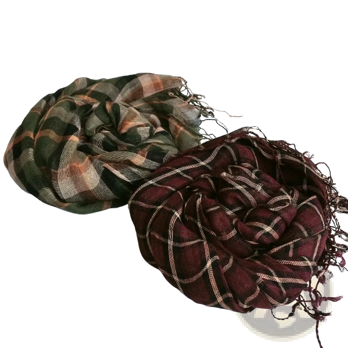 Two plaid scarves in olive rust and deep burgundy cream tones with frayed edges oversized linen shawl for women