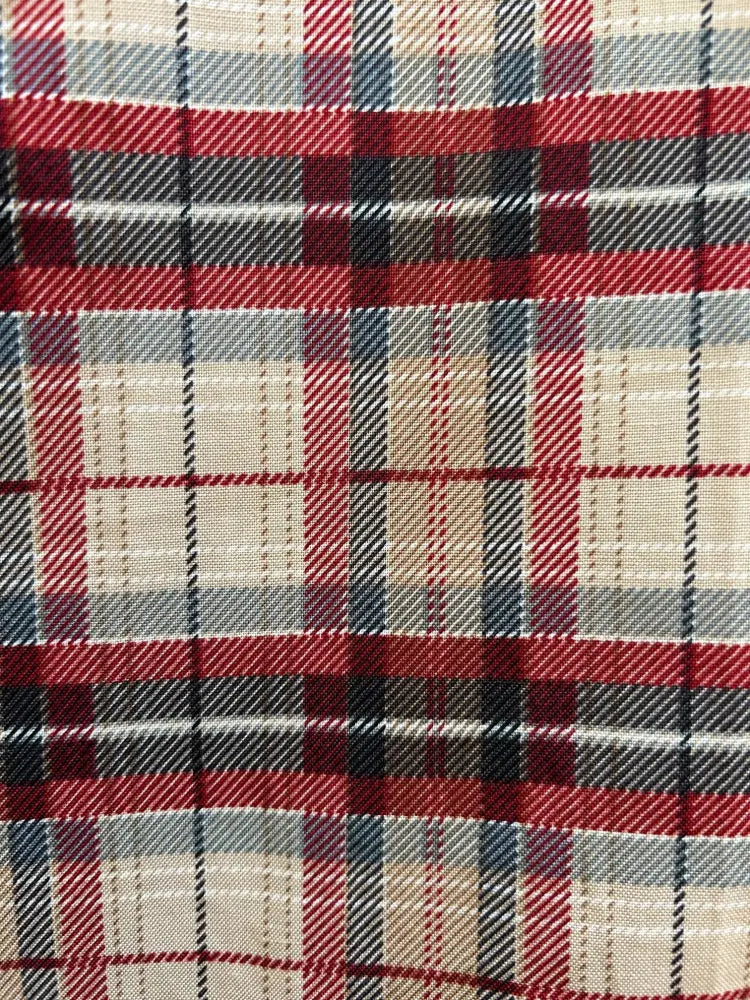 Red and navy plaid cotton skater skirt with elastic waist featuring classic bold stripes and subtle diagonal texture