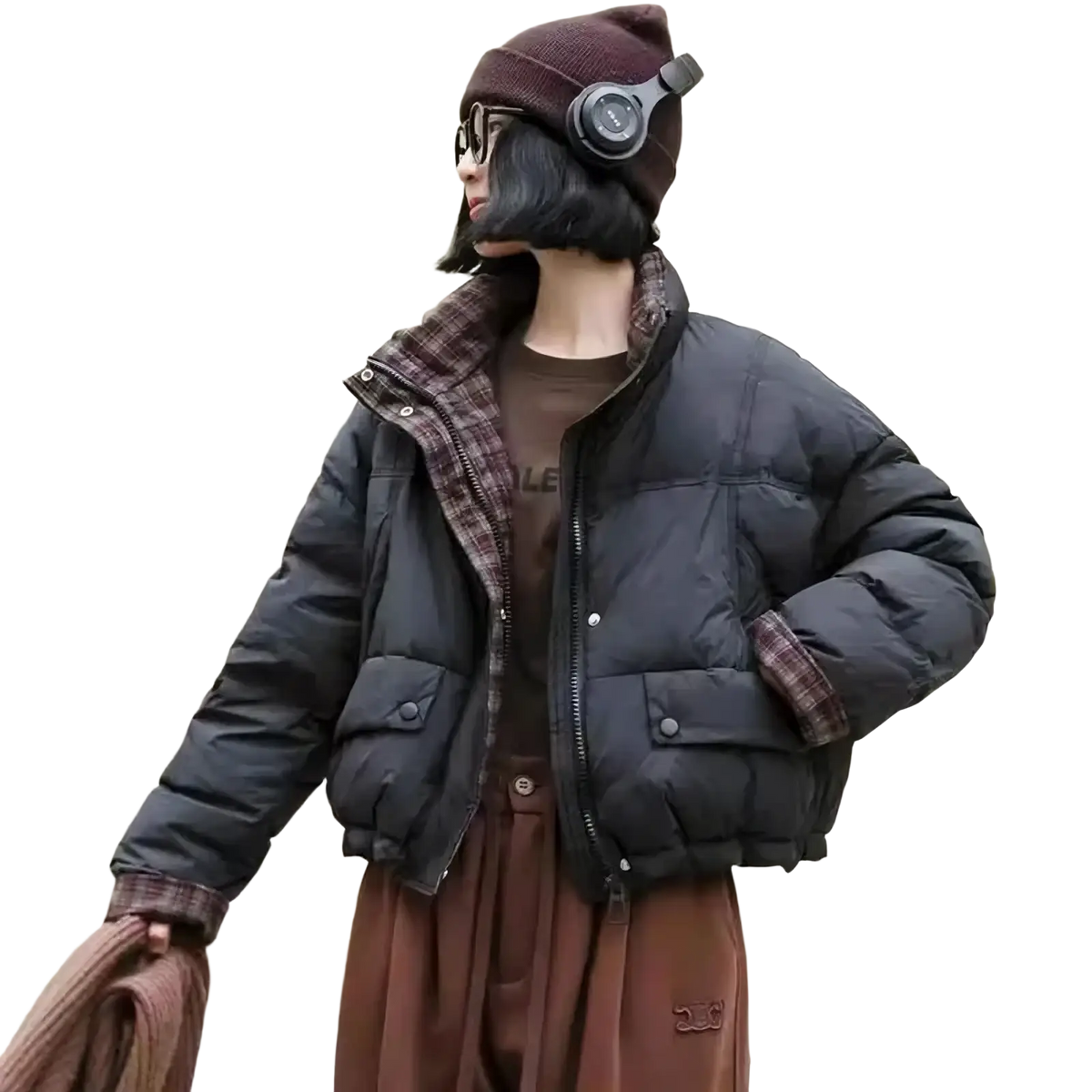 Black quilted puffer parka jacket with plaid lining and cuffs designed for warmth and style in cold weather