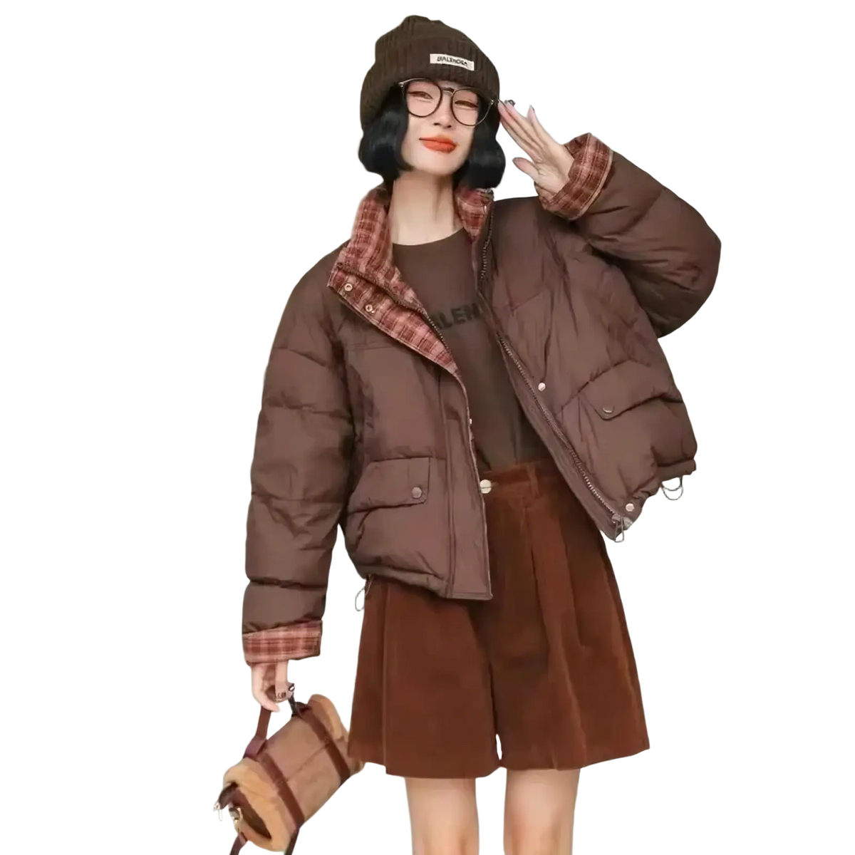 Brown puffer parka jacket with plaid stitching collar and cuffs designed for warmth and style