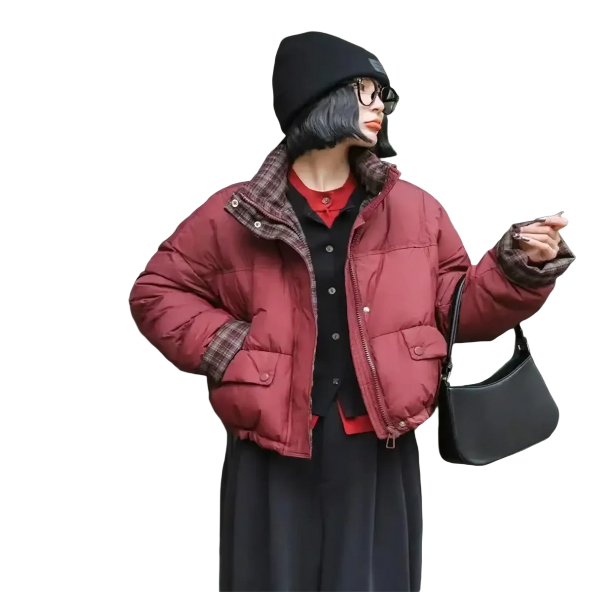 A cozy maroon quilted puffer parka jacket with plaid lining on collar and cuffs for warm comfortable wear