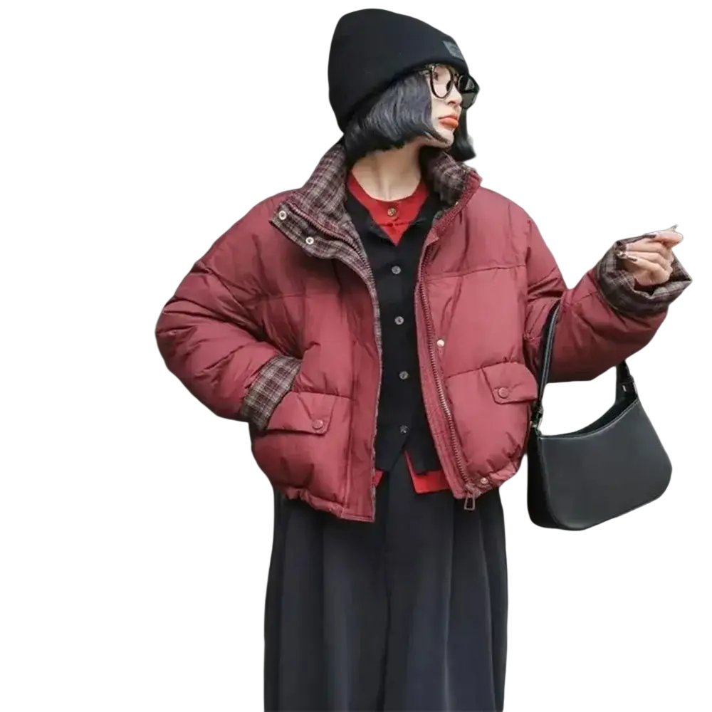 A cozy red quilted puffer parka jacket with plaid stitching and plaid-lined collar and cuffs