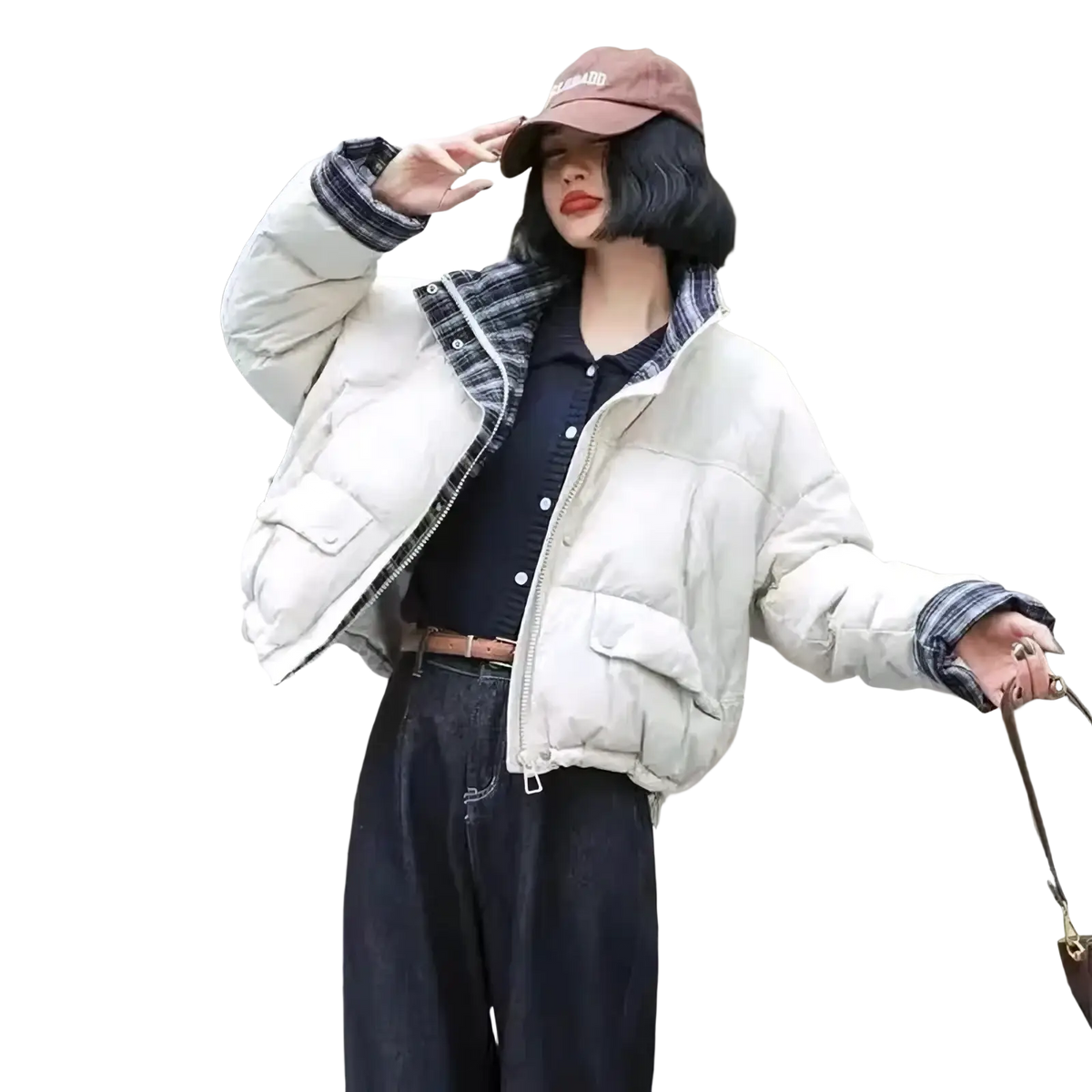 Cream-colored puffer parka jacket with plaid-lined collar and cuffs, quilted panels, and front pockets