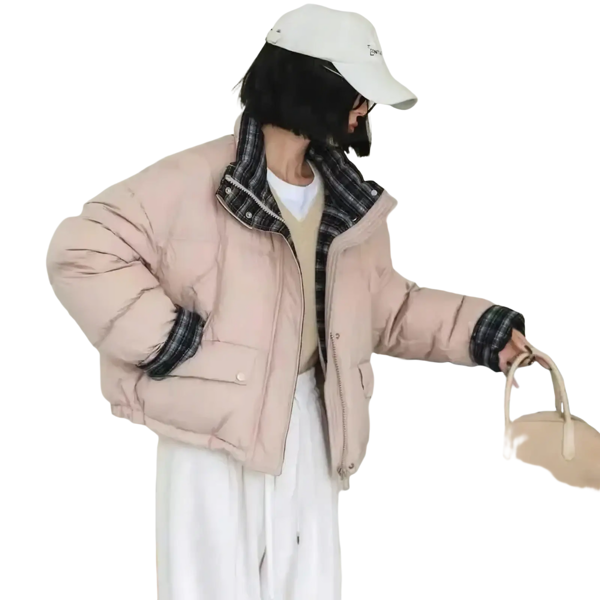 Pink puffer parka jacket featuring plaid stitching on collar and cuffs for stylish warmth and comfort