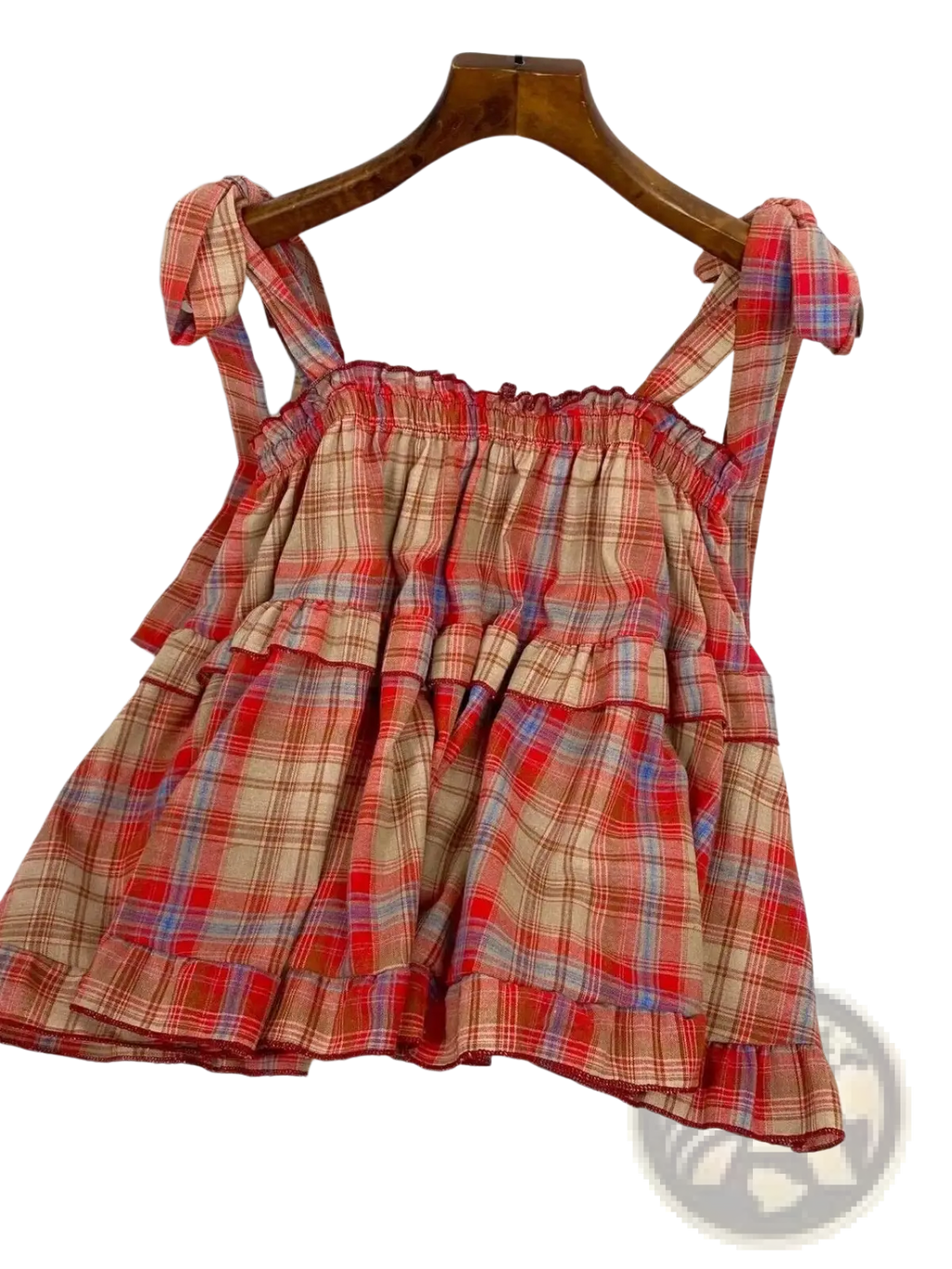 Red beige and blue plaid tiered strap top with tied shoulder bows in lightweight cotton for casual wear