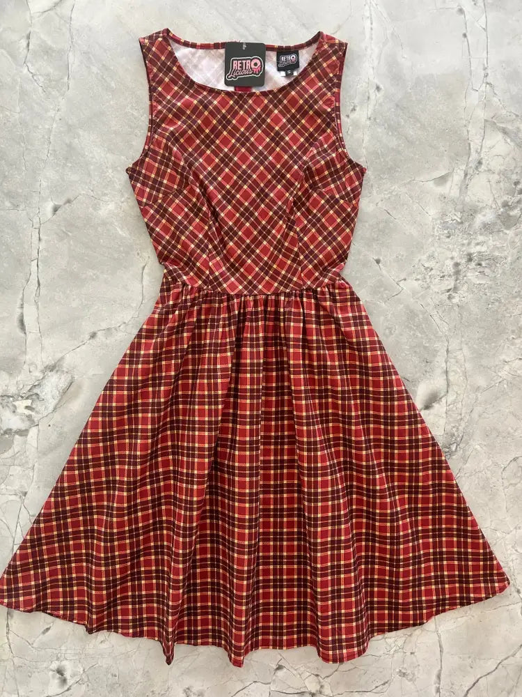 Cranberry plaid vintage 1950s sleeveless cotton a-line dress with fitted bodice flared skirt and pockets