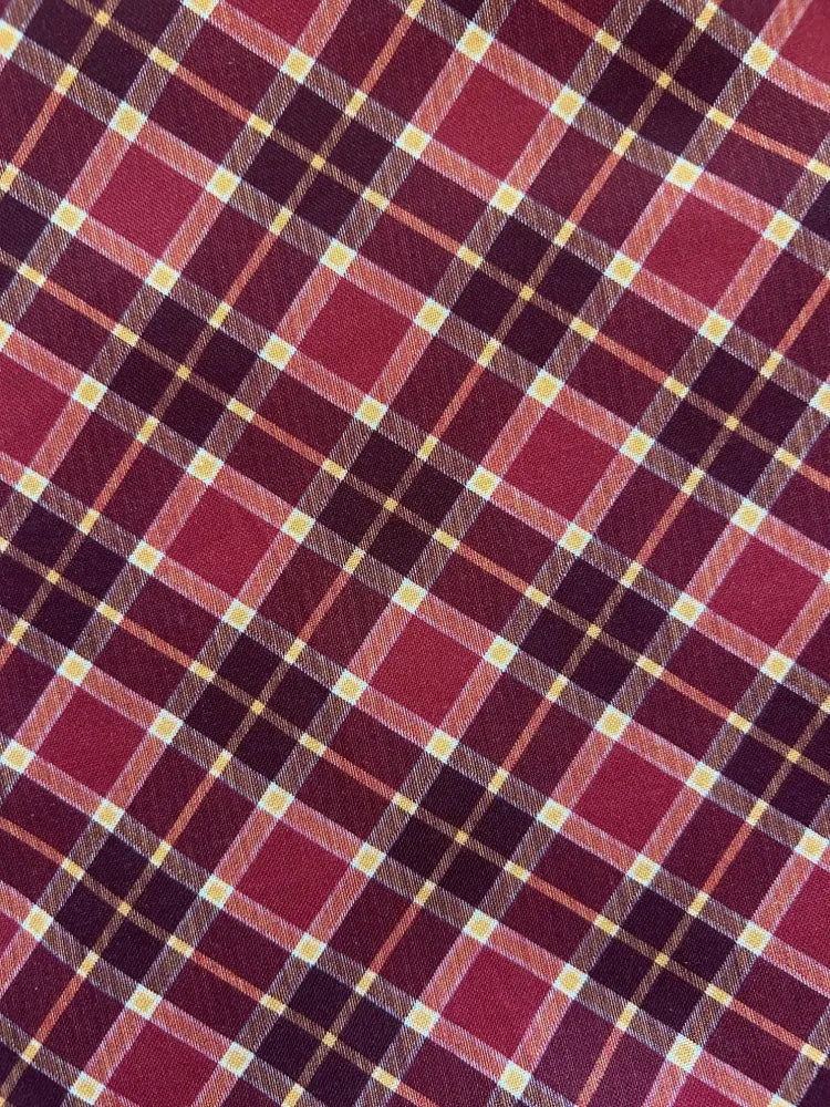 Cranberry plaid vintage 1950s a-line cotton dress with pockets featuring richly textured burgundy maroon and cream fabric
