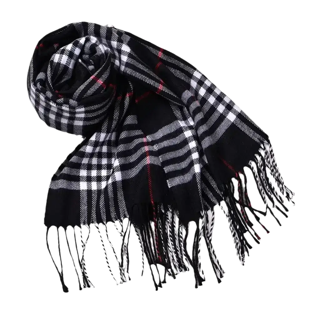 Black and white plaid winter scarf with subtle red accents cashmere feel warm shawl with fringed edges